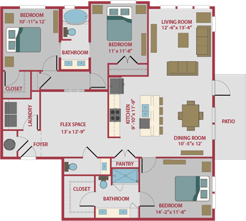 3 bed 2.5 bath floor plan B at Pinnacle Apartments, Jacksonville